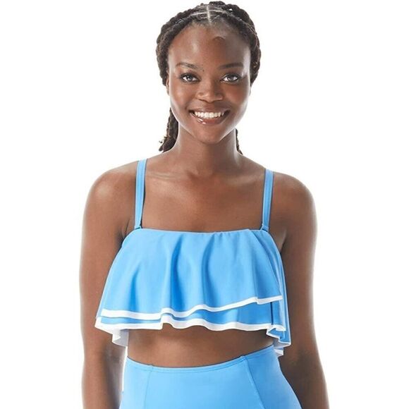 Coco Reef Contours Agate Ruffle Bandeau Bikini Top Womens 14 Blue Removable Stra - Picture 1 of 6